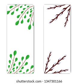 Template of Flyer, Brochure, Postcard, Discount with Space for Text. Greeting or Invitation with Green Branches and Willow Twigs. Vector illustration for Your Design, Web, Print.