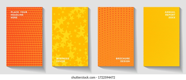 Template of flyer for business brochures, presentations, magazine covers. Star, dot halftone gradient effect, flat modern abstract design. Ad banner form texture. Geometric mock-up texture.