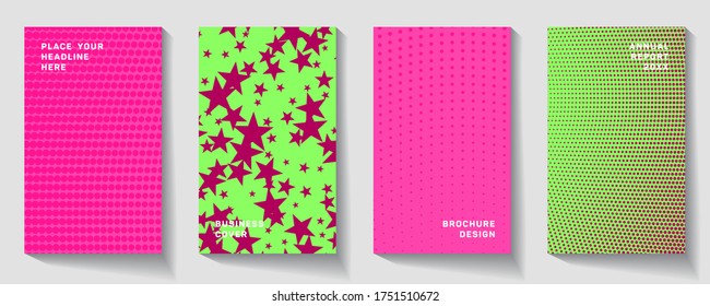 Template of flyer for business brochures, presentations, magazine covers. Star, dot halftone gradient effect, flat modern abstract design. Title sheet model set. Geometric mock-up texture.