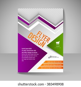 Template of flyer for business brochures, presentations, websites, magazine covers. Editable vector design elements. Purple and orange colors.