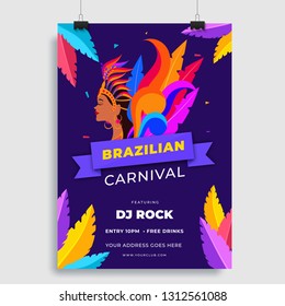 Template or flyer design with beautiful woman in carnival costume for Brazilian Carnival celebration concept.