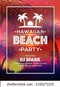 Template or flyer design for Hawaiian Beach Party with time and venue details.