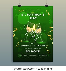 Template or flyer design of St. Patrick's Party celebration with time, date and venue details.