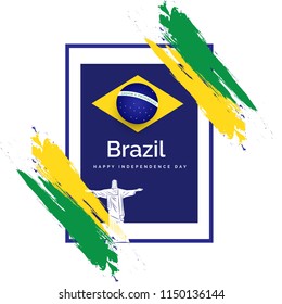 Template or flyer design with statue of the Christ the Reedeemer  and abstract brush stroke in National Flag colors. Brazilian Independence Day celebration.