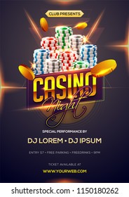 Template or flyer design with stylish text Casino night and chips for advertisement concept.