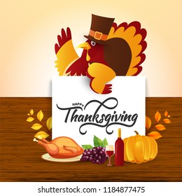Template or flyer design with turkey bird, festival elements and calligraphic text Thanksgiving for festival celebration.
