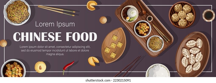 Template flyer design. Vector illustration of Chinese food and copy-space isolated on purple. Sale banner, poster, coupon, brochure, menu, card concept.