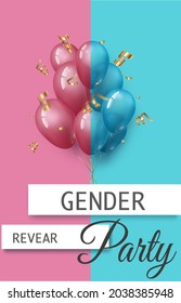 Template for a flyer with an invitation to the Gender reveal party.Pink and blue balloons with a golden spiral as a question symbol:Who will be born,girl or a boy.Vector realistic illustration.Concept