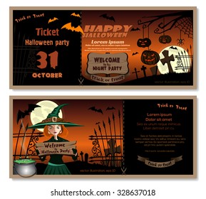Template flyer invitation for Halloween night party. Cute young witch in a magic hat in the cemetery. Vector illustration.