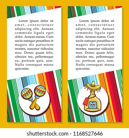 Template, flyer, invitation. Mexican tequila in a sombrero and maracas. Vector illustration with space for text.