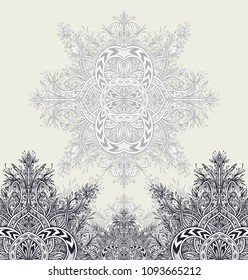 Template flyer or label Background from Vintage Abstract floral ornament black on white in Zen tangle style made by trace for creative design or for decoration different things. East Arabic motive.