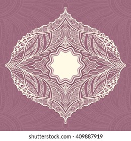 Template flyer or label  with Zen doodle or Zen tangle pattern in pearly and lilac colors for  decorate package clothes perfume cosmetic  or creative Post Card or Wedding invitation 