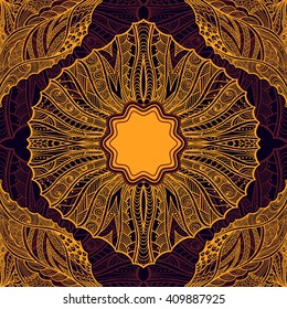 Template flyer or label  with Zen doodle or Zen tangle pattern in orange  on brown colors for  decorate package clothes perfume cosmetic or creative Post Card 
