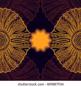 Template flyer or label  with Zen doodle or Zen tangle pattern in orange  on brown colors for  decorate package clothes perfume cosmetic or creative Post Card 