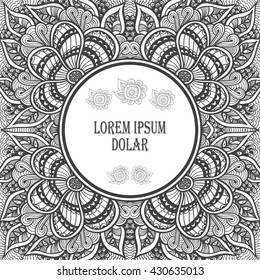 Template  flyer or label   with Zen doodle flowers or  Zen tangle  pattern black on white in circle  for coloring page or relax coloring book or wallpaper or for decorate package clothes