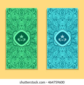 Template flyer or package  with Zen doodle or  Zen tangle  pattern in marine blue for advertising cosmetic perfumer  or for decorate other things 
