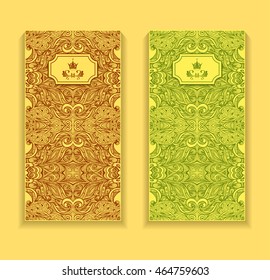 Template flyer or package  with Zen doodle or  Zen tangle  pattern in green brown for advertising cosmetic perfumer  tea or for decorate other things 