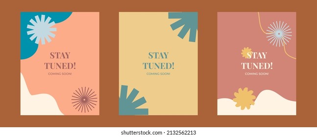Plantilla, volante, afiche. Volante moderno y afiche con formas de olas y flores con colores agradables. Resumen de fondo, conjunto de vectores, conjunto de plantillas, conjunto de volantes y conjunto de afiches. Colores pasteles. Vintage.