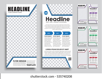 Template flyer size of 210x99 mm. The design of the two pages in 4 color versions with a place for a photo. Vector illustrations. Set