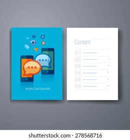 Template, Flyer, Spread.  Brochure design templates. Flat design vector illustration concept. Mobile messaging apps trends icons. set of communicating speech bubbles from mobile phones.