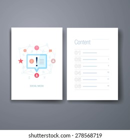 Template, Flyer, Spread. Set of modern flat design icons on the topic of social network personal update. User generated news and short messaging vector illustration. Isolated over white background. 