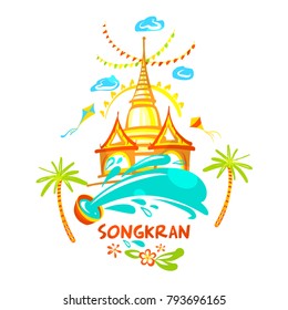 Template flyer traditional thai new year day. Thailand festival happy songkran. Freehand drawn element design for banner, poster for fun smile party. 