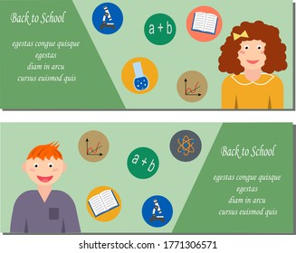 Template flyers - back to school. Vector banner with students - a boy and a girl.