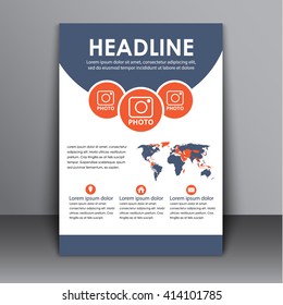 Template flyers, brochures, reports, cover with space for images and a map of the world. For business, printing and advertising. Vector illustration