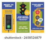 Template of flyers inviting to driving lessons with experienced instructors for teenagers and adults in a specialized school