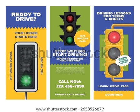 Template of flyers inviting to driving lessons with experienced instructors for teenagers and adults in a specialized school