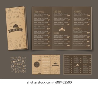 Template of folding triple menu for cafes and restaurants. The design of the brochure with a retro style on brown old paper, with drawings by hand and the logo of the institution. Vector illustration