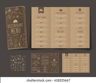 Template of folding triple menu for cafes and restaurants. The design of the brochure with a retro style on brown old paper, with drawings by hand. Vector illustration