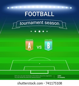 Template of Football championship with template of text. Night football stadium with the spotlights. Soccer cup advertising. Sport event announcement. Cover art of A4 size, print design.