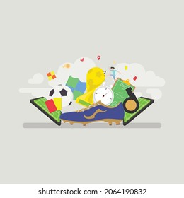 Template for football. Vector illustration of a soccer championship equipment. Trophy of the FIFA World Cup and official ball of FIFA World Cup and the green grass of the football field.