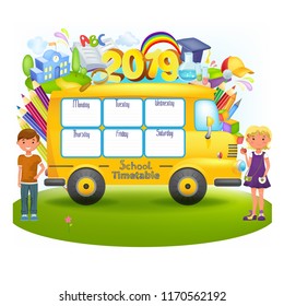 Template in form of school bus with timetable for students or pupils with days of week and free spaces for notes. Illustration includes many hand drawn elements of school supplies. 