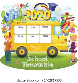 Template in form of school bus with timetable for students or pupils with days of week and free spaces for notes. Illustration includes many hand drawn elements of school supplies. 