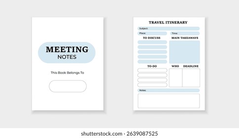 Template form for taking meeting notes and planning a travel itinerary, aiding in organized tasks.