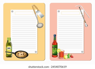 Template forms for recording culinary recipes with kitchen items and products. Vector illustration