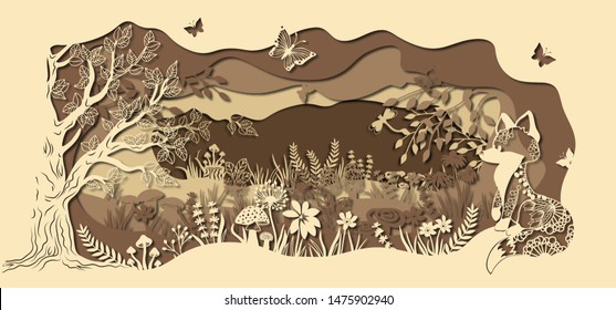 Template fox on glade for to cut with a laser from paper. Line with mushrooms, grass, and butterflies, wood and flowers. For decoration and design. Template for laser cutting and Plotter. Vector illus