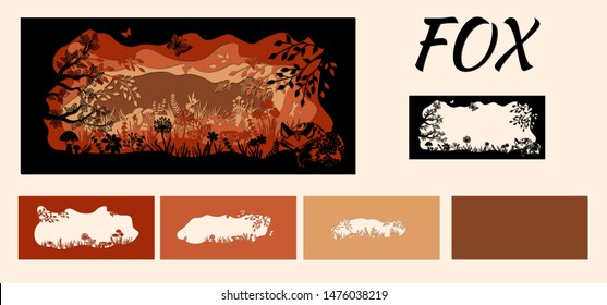 Template fox on glade for to cut with a laser from paper. Line with mushrooms, grass, and butterflies, wood and flowers. For decoration and design. Template for laser cutting and Plotter. Vector illus