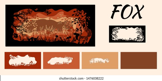 Template fox on glade for to cut with a laser from paper. Line with mushrooms, grass, and butterflies, wood and flowers. For decoration and design. Template for laser cutting and Plotter. Vector illus