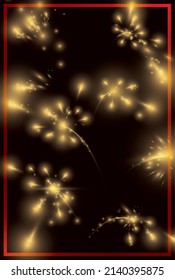 Template with frame and beautiful view of multiple fireworks display with sparkles and glows.