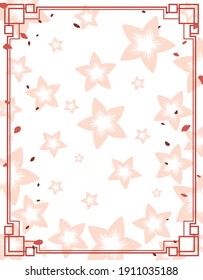 Template with frame in Chinese style, pink cherry flowers silhouettes and petals shower, over white background.