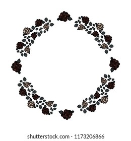 Template. Frame. A circle of burgundy and cream roses and green leaves on a white background. Vector.