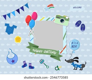 Template of a frame with decorative elements for a boy's birthday. Photo frame. Balloons, inscription, children's clothes, camera. Vector illustration. 3D Illustration