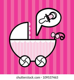 Template frame design with baby accessories, baby stroller and baby rattle in a dialog bubble, scrapbook concept, vector background