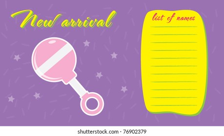 Template frame design for baby arrival with list of names vector illustration