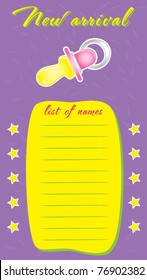 Template frame design for baby arrival with list of names vector illustration