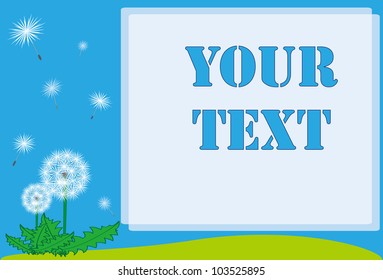 Template frame design of beautiful green spring meadow with dandelions