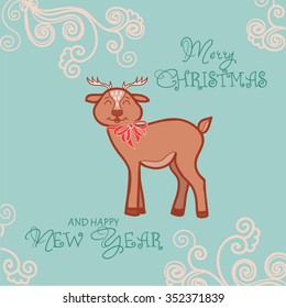 Template frame design for card. New year and Christmas vector greeting card with cute deer.